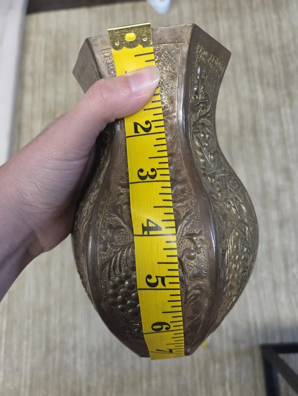 Vintage Etched Brass Vase Hexagon Shape Grapevine Embossed Heavy Metal Home Deco